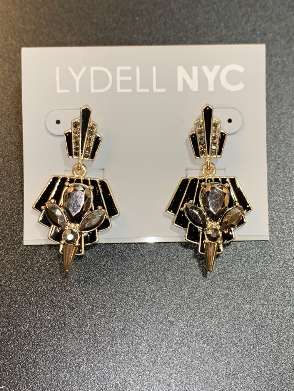 NWT Lydell NYC Black and Gold tone Art Deco style pierced Drop Earrings